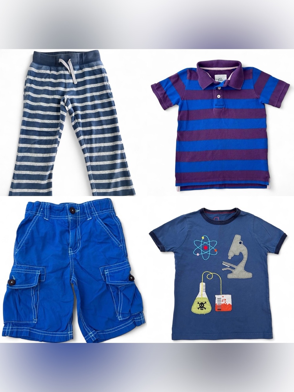 Mini Boden boys size 4 bundle, pants, shorts, polo, and appliqué t-shirt